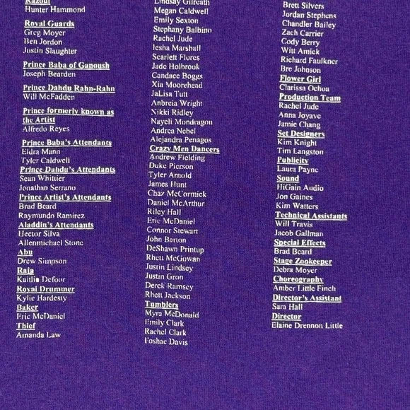 Vintage Anvil Aladdin Movie Cast Crew T-Shirt Purple Mens XL Disney - Picture 10 of 12